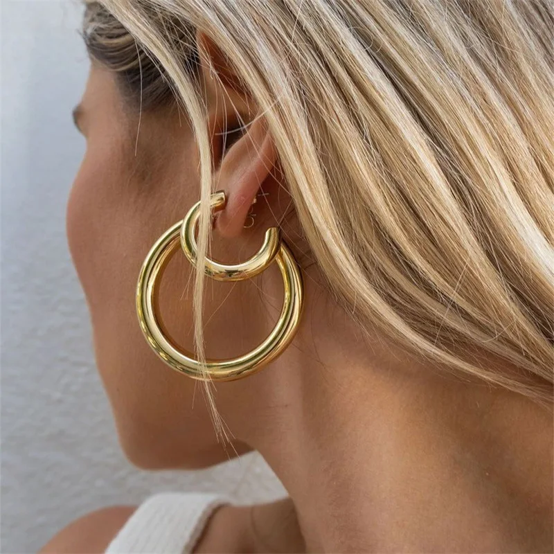 

Statement Hollow PVD 18K Gold Plated Stainless Steel Big Small Tube Hoop Stud Earrings Women Non Tarnish Free Waterproof Jewelry