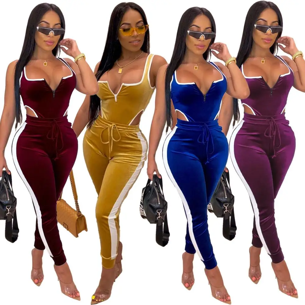 

91110-SW20 sehe fashion sexy sleeveless velvet one piece set jumpsuit, 4 colors