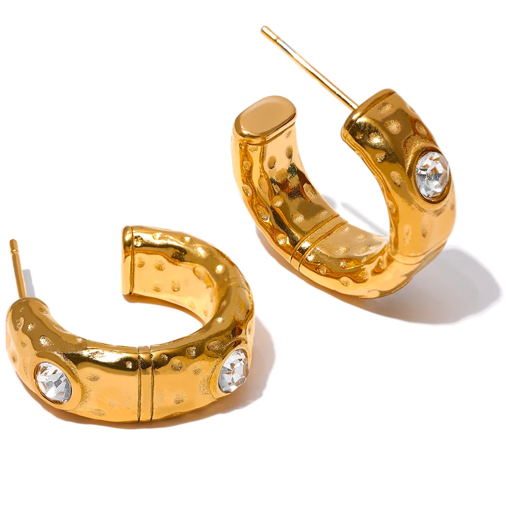 

JINYOU 1679 Stainless Steel C Shape Geometric Hoop Earrings 18K Gold Color Texture Cubic Zirconia Vintage Charm Fashion Jewelry
