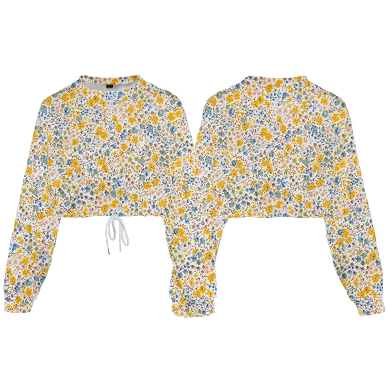

Drop Shipping Custom 3D Floral Printing Women's Plus Size Long Sleeve Casual Pullover Drawstring Belt Croppted Top Hoodie