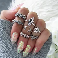 

Women Bohemian Vintage Crown Wave Flower Heart Lotus Star Leaf Crystal Opal Joint Ring Party Jewelry Silver Rings Set