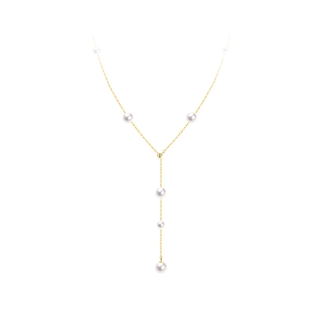 

18K Gold Long Chain Necklace with Akoya Pearl Stations Sweater Chain Necklace for Women Free Shipping