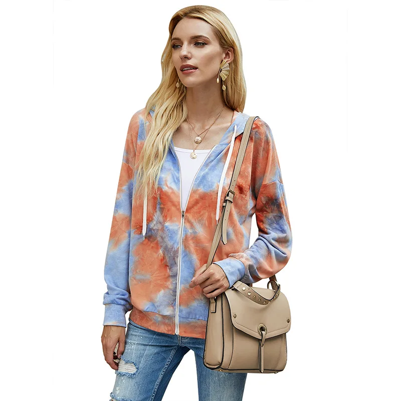 

2020 new autumn ladies clothes jacket zipper hoodies tie dye long sleeve hooded sweatshirt for women