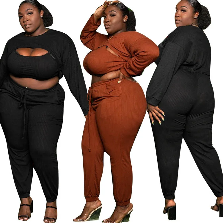 

Plus Size Winter Women Clothing Knit Ribbed Long Sleeve Shawl Outfits Three Piece Sweater Pants Set 3 Pieces Lounge Wear Sets, Orange,black