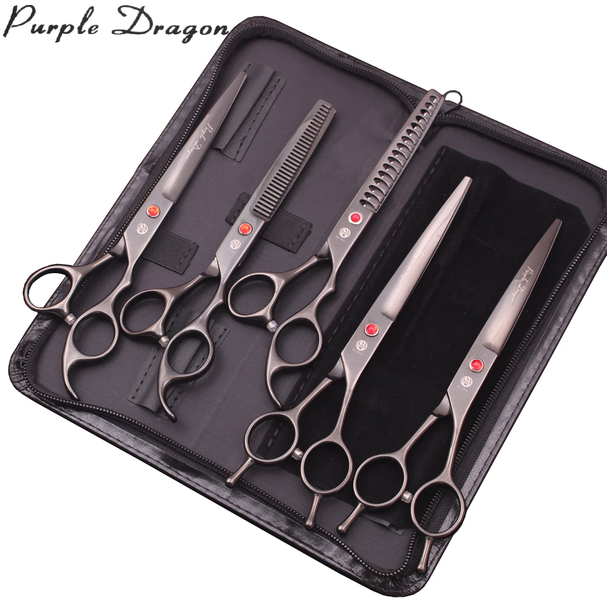 

Purple Dragon Dog Grooming Scissors Set 7" Japan Stainless Pet Chunker Scissors Thinning Shears Animal Curved Scissors Z3012, Red handle