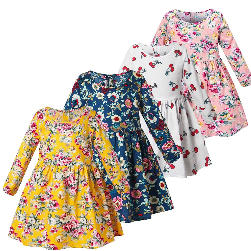 

Wholesale 2022 New Cotton Long-Sleeved Yellow Girls' Dresses Little Girls Party Dress Children Design Cotton Floral Dress, Picture shows