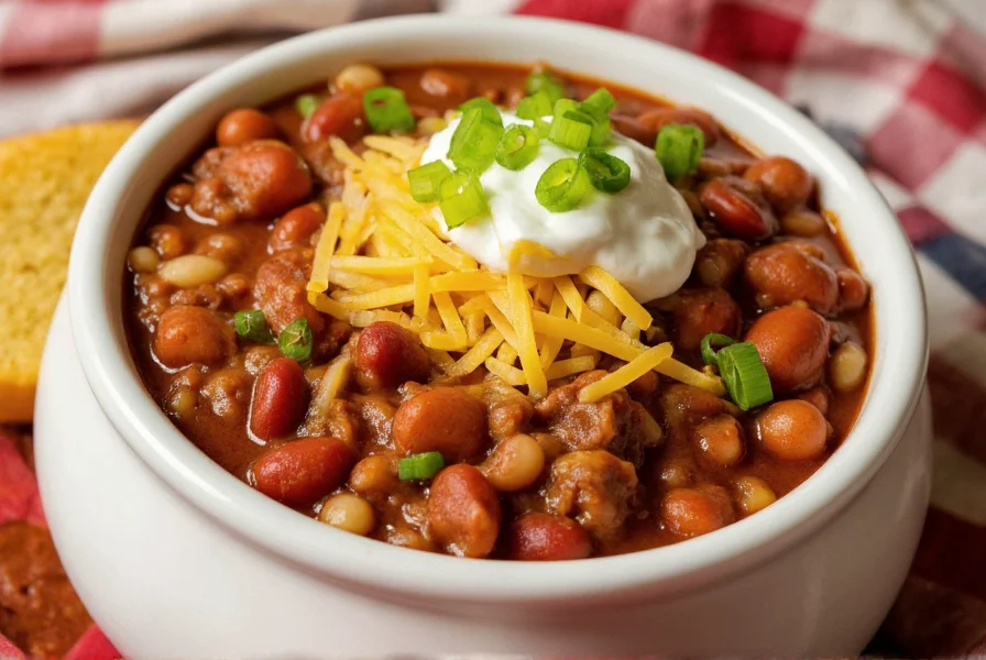 Finished bowl of chili con carne with beans topped with cheese, sour cream, and green onions served with cornbread
