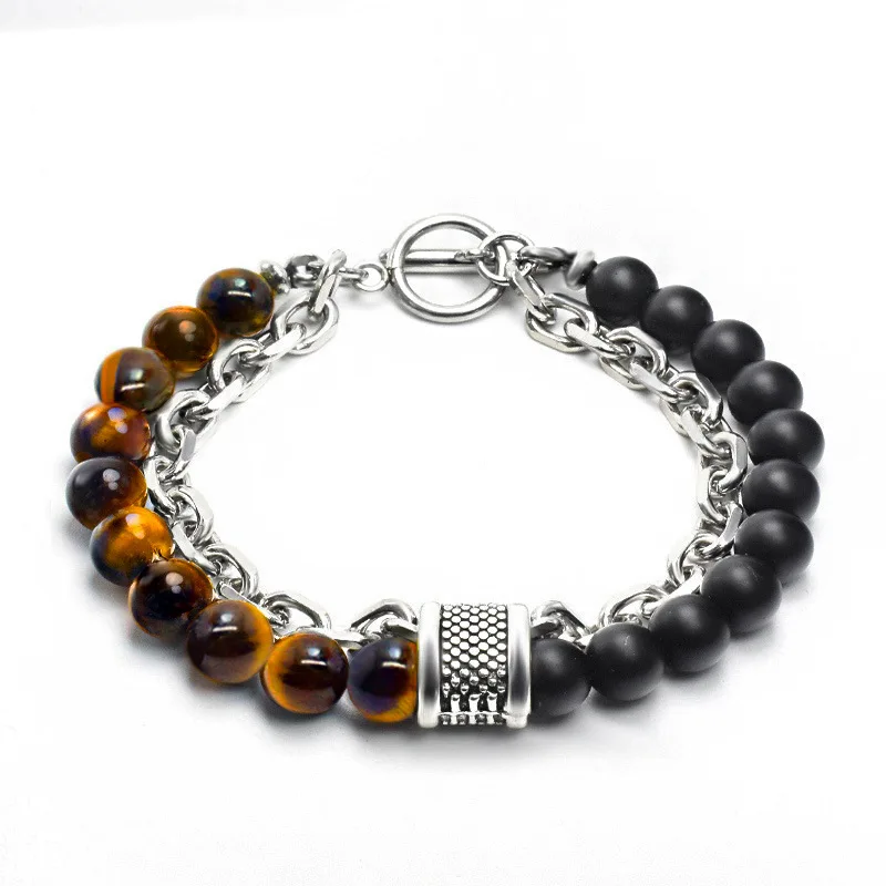 

2022 New Design Matte Onyx Bead Titanium Steel Link Chain Bracelet Two Layer Stainless Steel Chain Natural Stone Beaded Bracelet