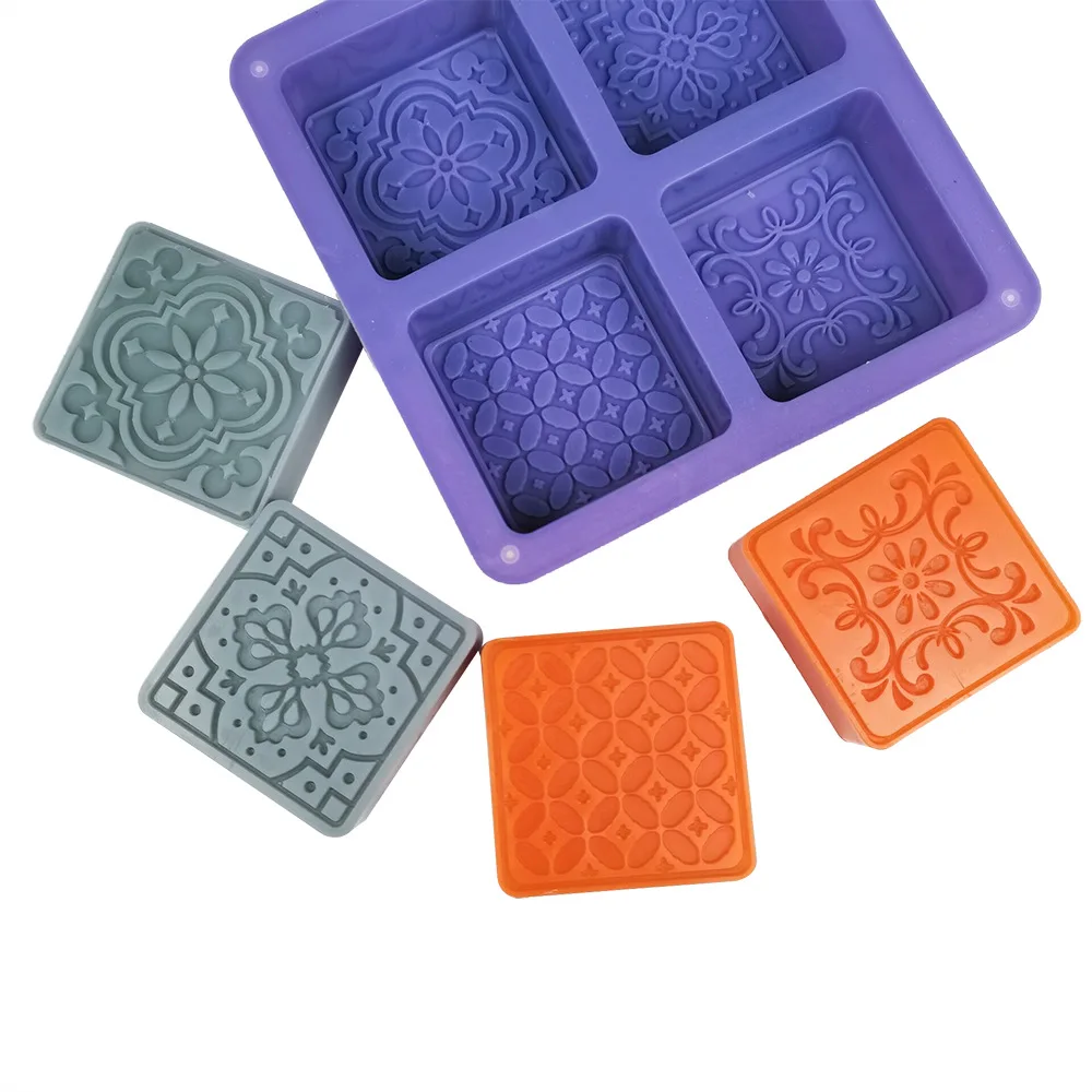 

0508 4-cavity flower square chocolate mooncake cake baking tool diy handmade soap silicone mold, Purple