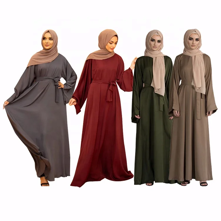 

Plain Solid Color Loose Sleeve Long Dress with Belt Abaya Muslim Dresses Women, 6 colors