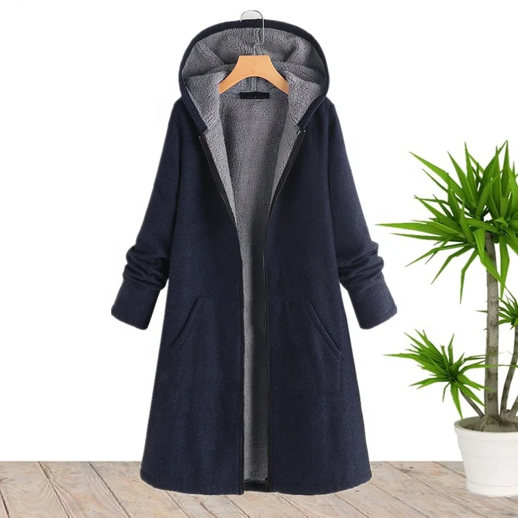 

Wholesale Solid Color Full Sleeve Plus Szie Hooded Long Ladies Winter Warm Coat 2021