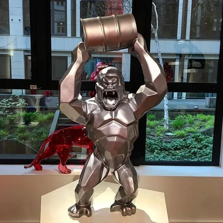 Erretxina geometrikoa pertsonalizatua tamaina handiko lorategiko animalia Eskultura King Kong Gorila beira-zuntzezko estatua