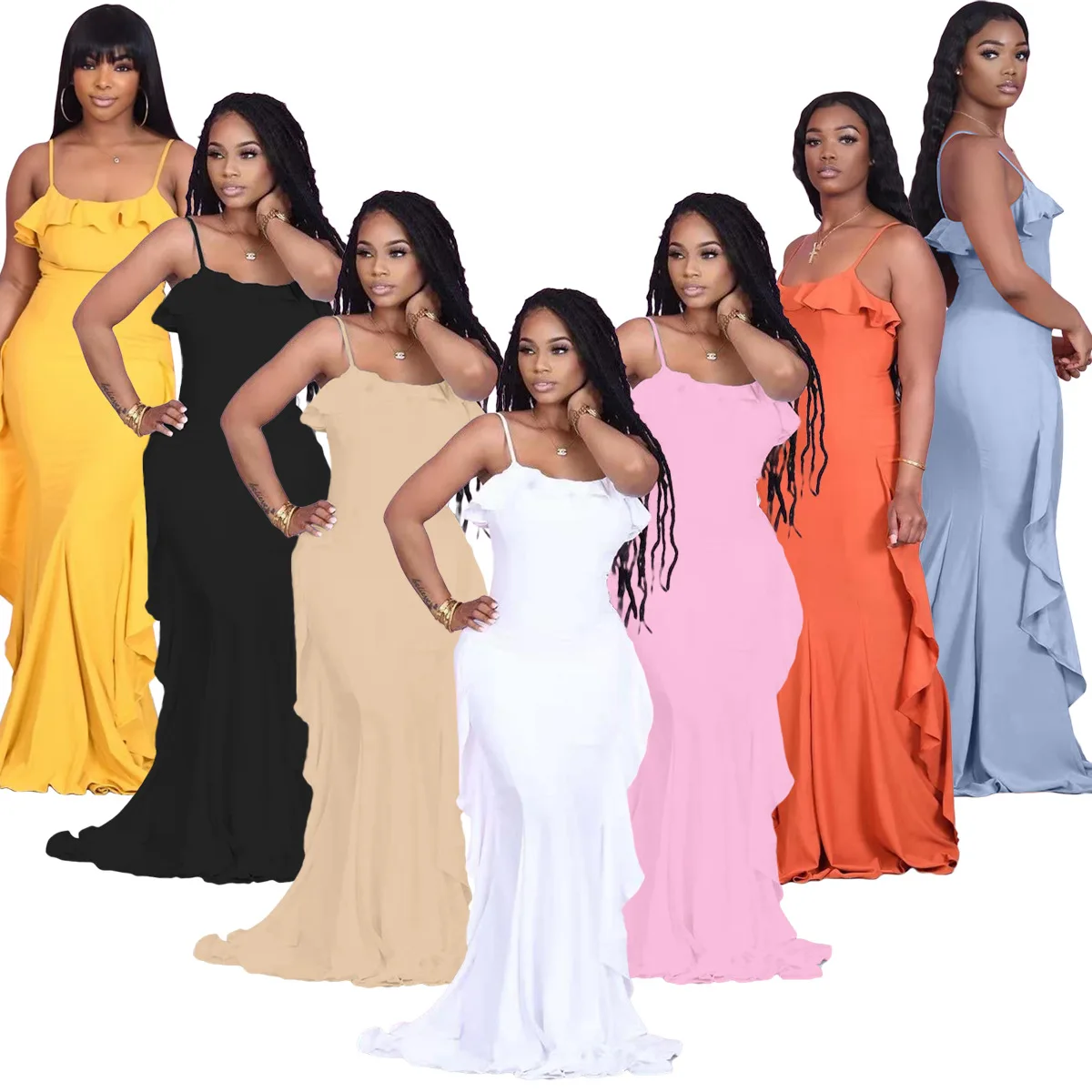 

2021 Summer Solid Color Sling Halter Off Shoulder Sleeveless Ruffles Maxi Dresses Women Casual Evening Prom Dress, Picture color