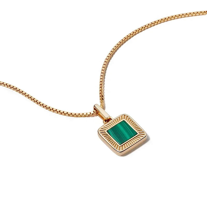 

Milskye 925 sterling silver fashionable malachite box chain square pendant necklace