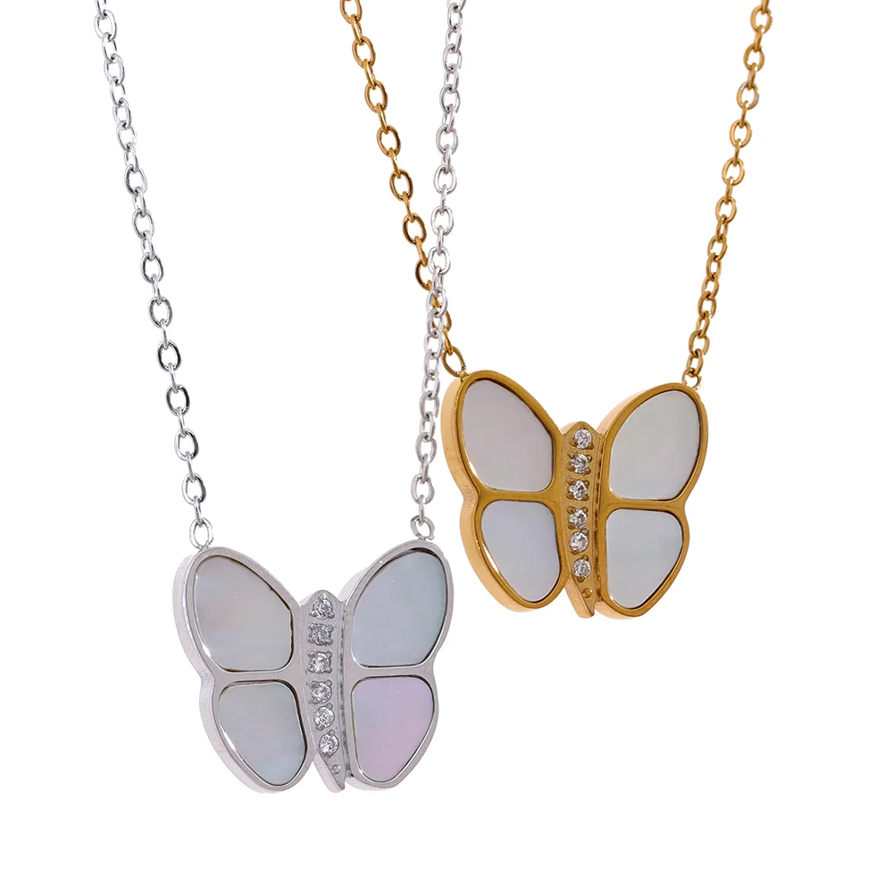 

JINYOU 1095 Natural Shell Butterfly Pendant Stainless Steel Collar Necklace Delicate Zircon Insect Trendy 18K PVD Plated Jewelry
