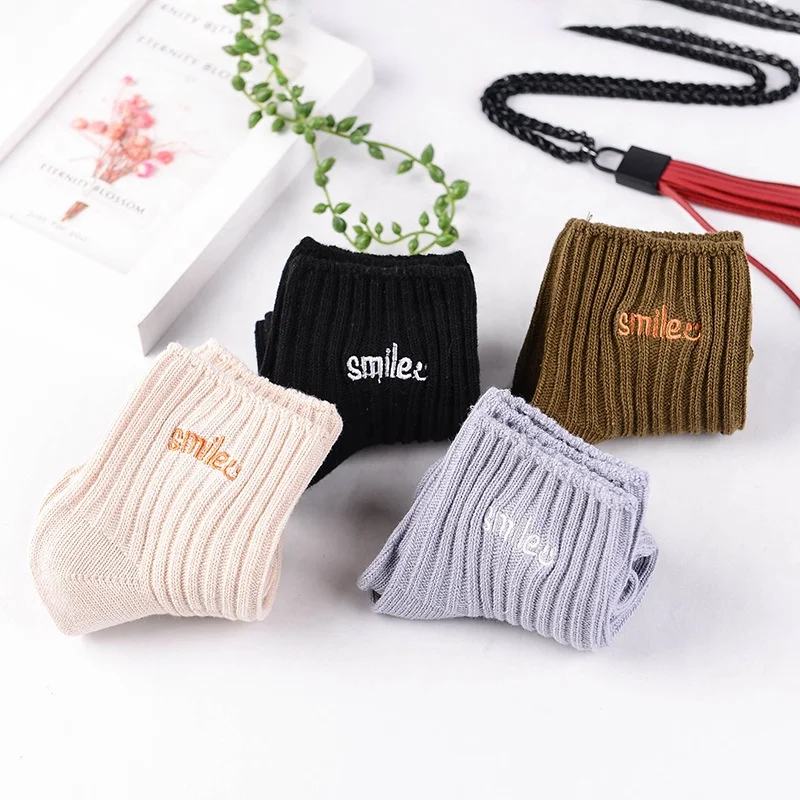 

Autumn winter new style double needle women full cotton custom embroidered smile socks, As pic