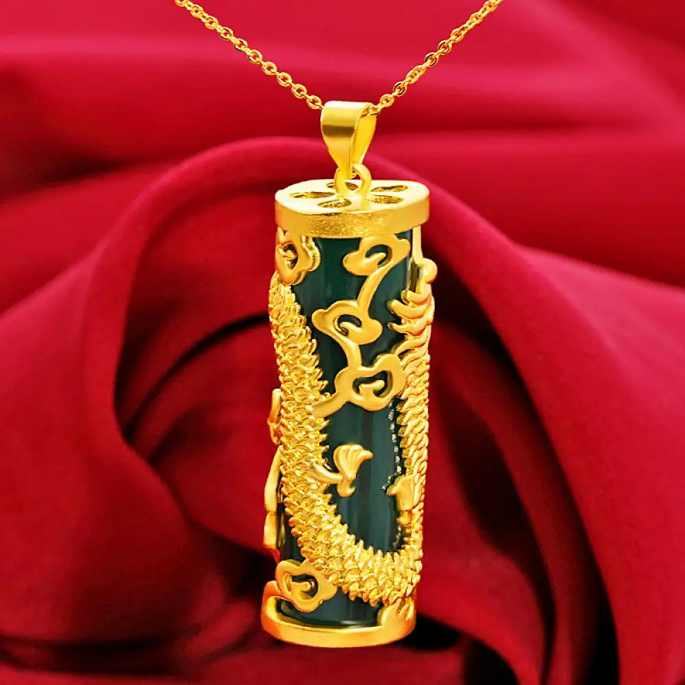 

Men and Women Heritage Vintage Style Gold Inlaid Jade Dragon Zodiac Jade Pendant Necklace Pendant 1.3*4.4Cm