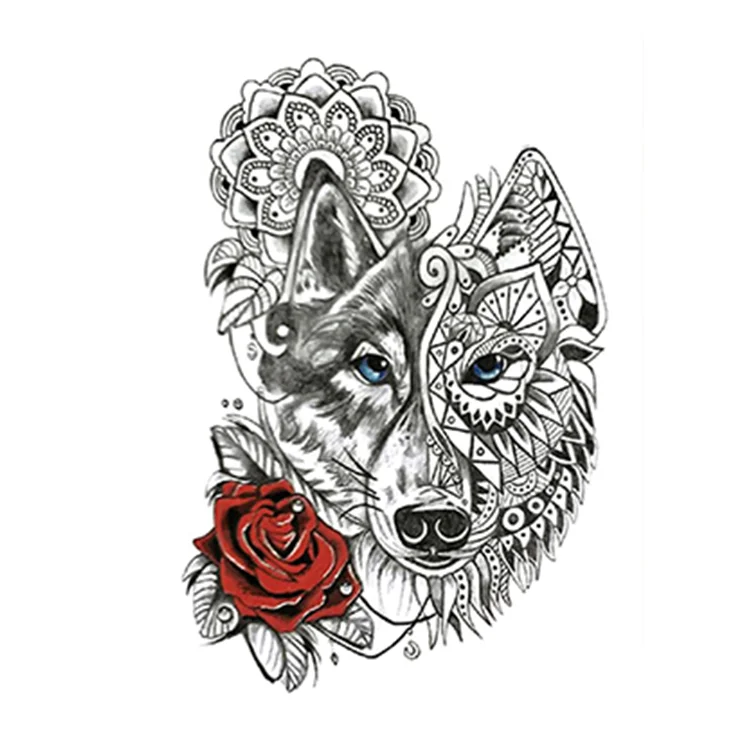 

Cool Sketch Wolf Blue Eyes Red rose Body Art Temporary Tattoo Sticker, Cmyk