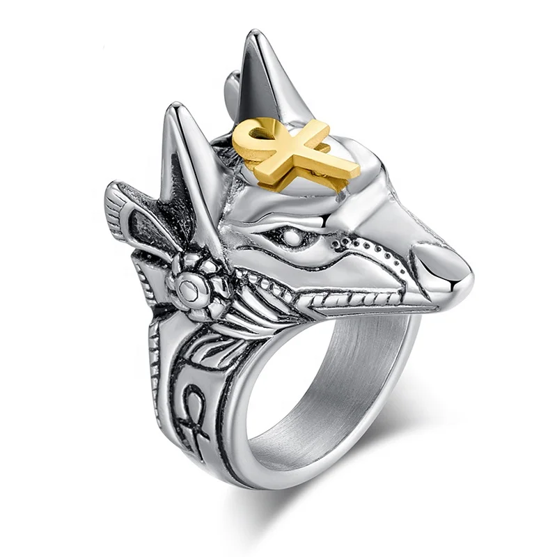 

Custom Logo Hiphop Punk Style Fashion Jewelry Vintage Retro Silver Wolf Head Cross Titanium Stainless Steel Ring for Men