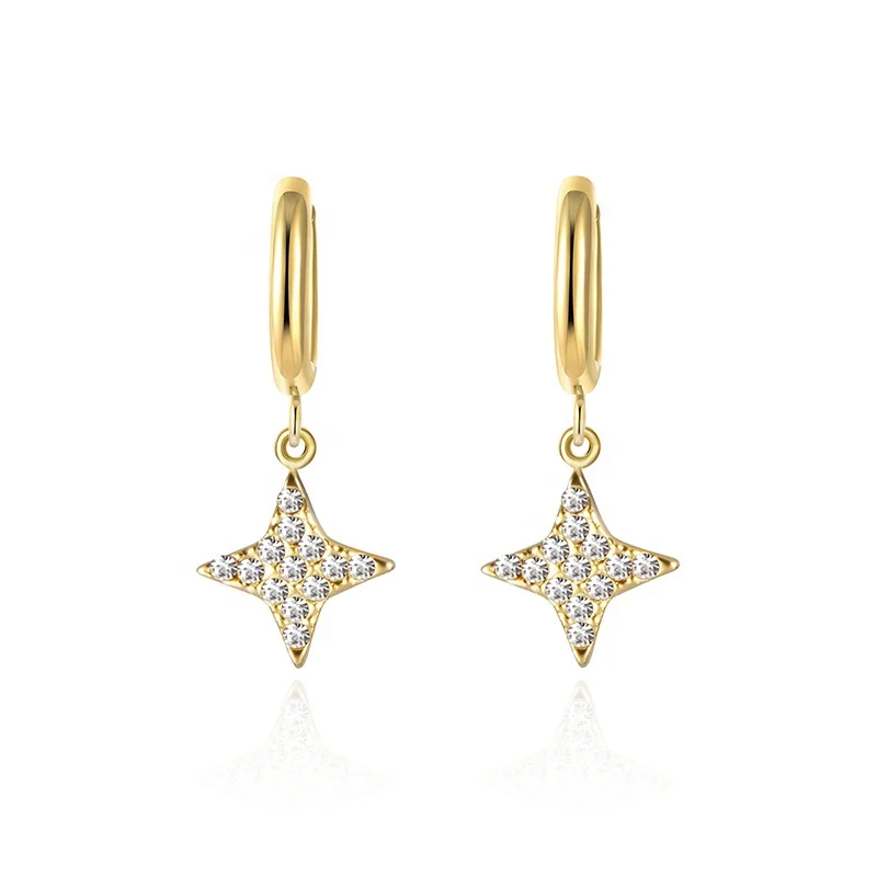 Full Diamond Quad Star Earrings Stainless Steel Plated 14K Gold Simple and Versatile Ear Clasps Titanium Earrings