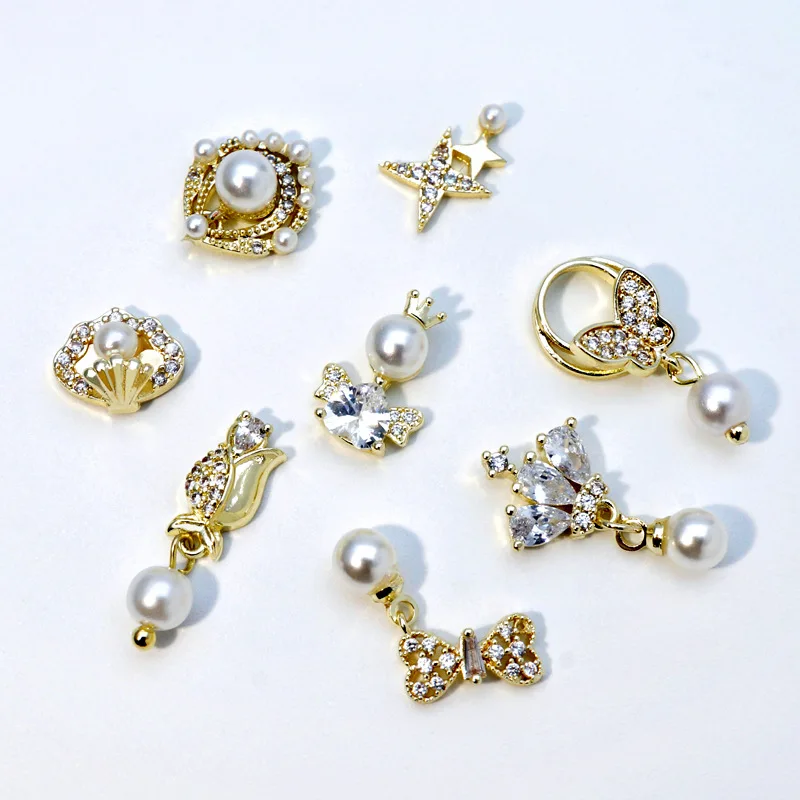 

New Fashion Nail Art Zircon Pearl Pendant Diamond Jewelry Real Gold Electroplated Nail Art Zircon