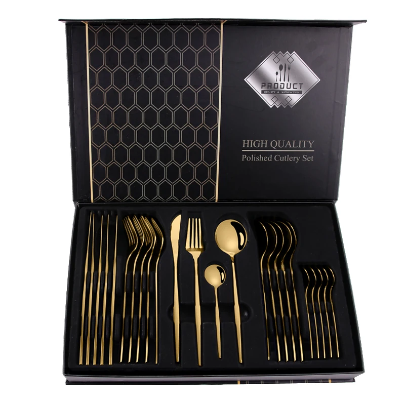 

24 Pieces Party Wedding Modern Copper Colored Brass Cutlery Simple Gold Stainless Steel Flatware Set for Restaurant, Silver, gold, rose gold, black, pink, blue, green