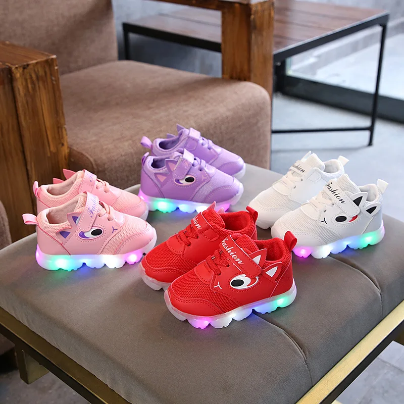 

New Style Breathable Girls Cartoon Cute Boys Mesh Sneakers Kids Led Shoes Lighting Shoes For Children, As shown