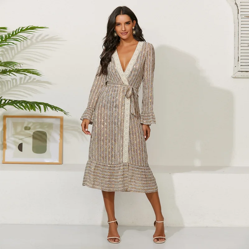 

WW-0930 Falbala V-neck Sexy Long-sleeved Floral Print Dress Dress Ruffle Women Long Sleeve Printed Dress, Customized color