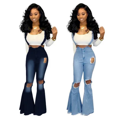 

F40504A Hole-in-the-knee jeans with micro flared overalls jeans pant women's trousers, As picture