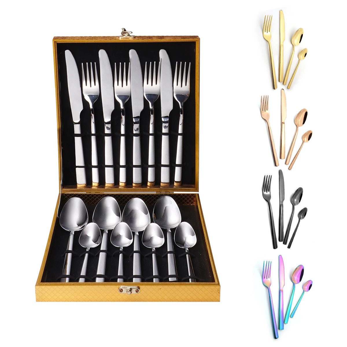 

Luxury Restaurant Reusable Silver Knife Spoon Fork Gift Wedding Flatware Stainless Steel Gold Cutlery Set With Wooden Box, Sliver,gold,black,colorful,rose gold