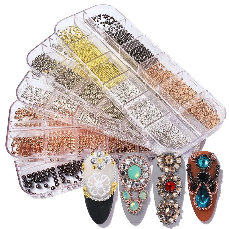 

Nail Art Jewelry Gold Silver Rose Gold Metal Steel Balls Boxes Nail Decoration Accessories Round Balls, Gold and silver
