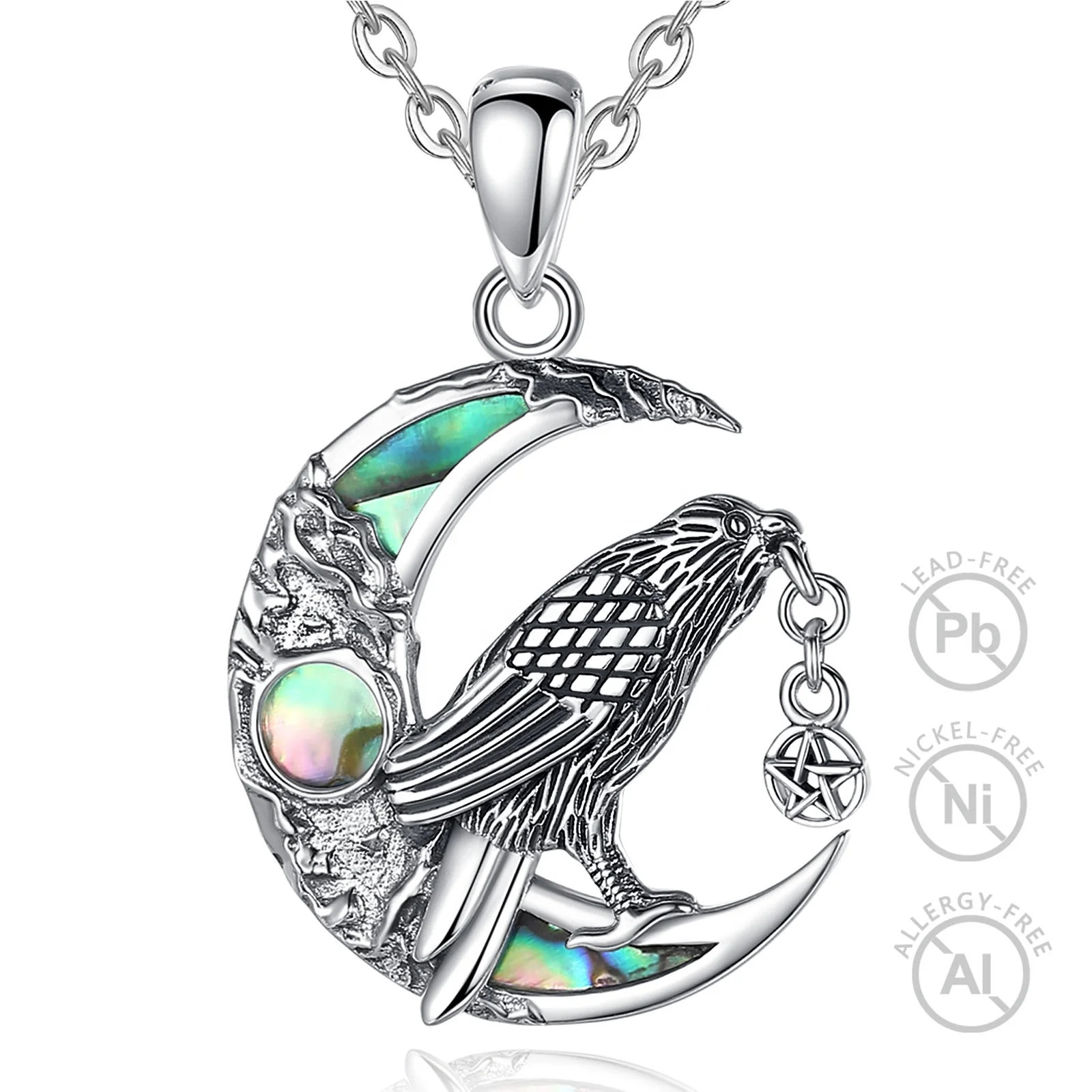 

Merryshine Fine Jewelry 925 Sterling Silver Abalone Shell Crescent Moon Wiccan Raven Pendant Necklace for Men