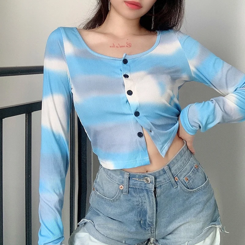 

New Arrival Sexy Ladies Long Sleeve T-shirts Women Tie Dye Autumn Crop Tops, Available