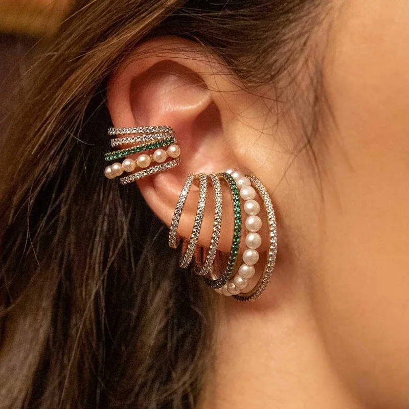 

MINHIN Wide Ear Cuffs Clip on Earrings for Women Without Piercing Pearl Crystal Cartilage Earcuffs Wedding Ear Clips Jewelry, Multilayer
