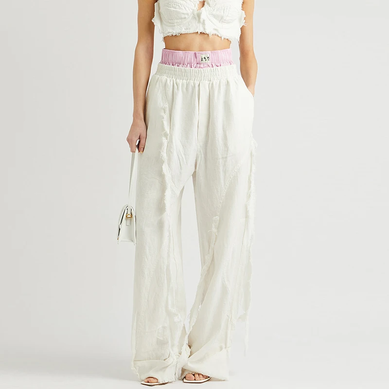 

TWOTWINSTYLE New Style Hit Color Patchwork High Waist Wide Leg Linen Pants White For Women