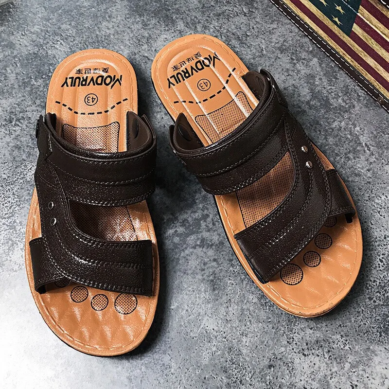 

2021 Custom Logo Mens Genuine Leather Sandals Outdoor Mens Leather