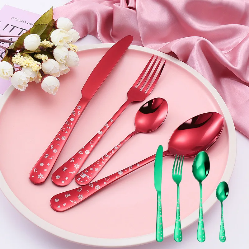 

Western Christmas Style Creative 4Pcs Flatware with gift case Stainless Steel Knife, Fork and Spoon Cutlery Sets, Red,green