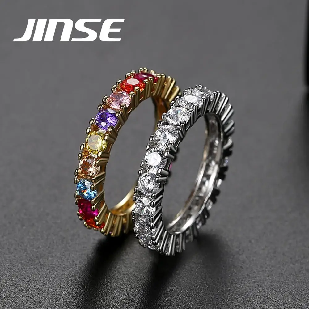 

JINSE Gemstone Eternity Band Ring Thin Line Micro Pave Eternity Colorful Diamond Ring Cz Gold Plated Rainbow Rings