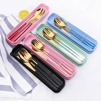 

Cheap bulk rose gold flatware spoons forks knives silverware 304 stainless steel cutlery travel set with wheat straw gift box