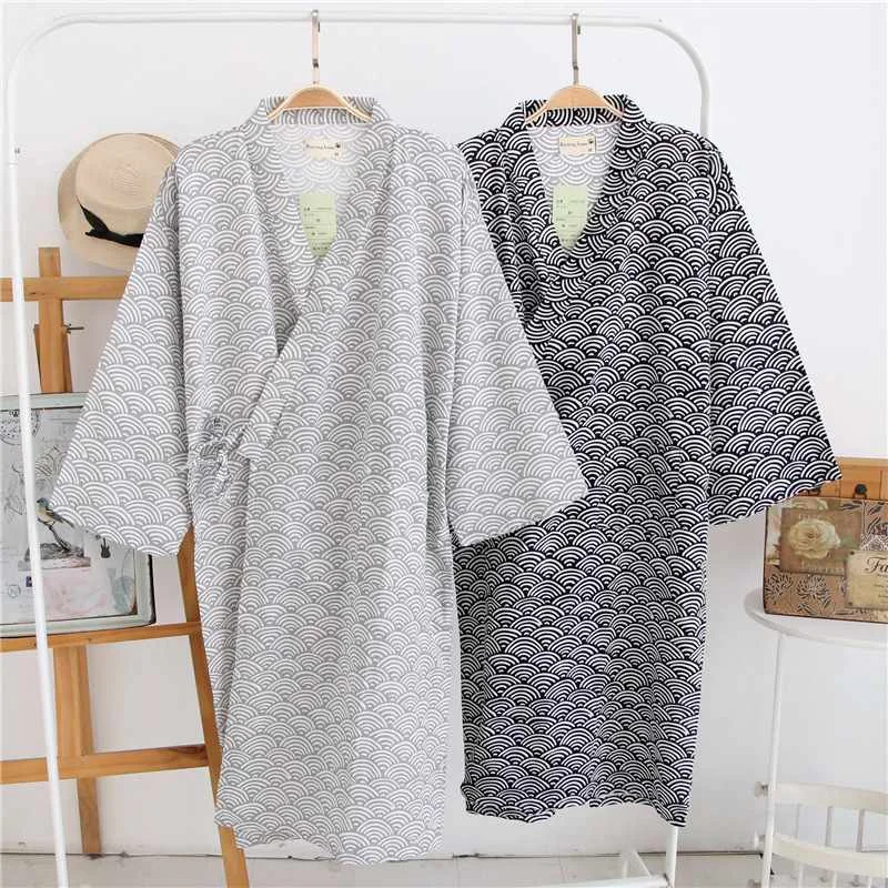 

2021 new men's 100% cotton gauze pure cotton robe loose thin yukata Japanese kimono calf length men's V-neck pajamas