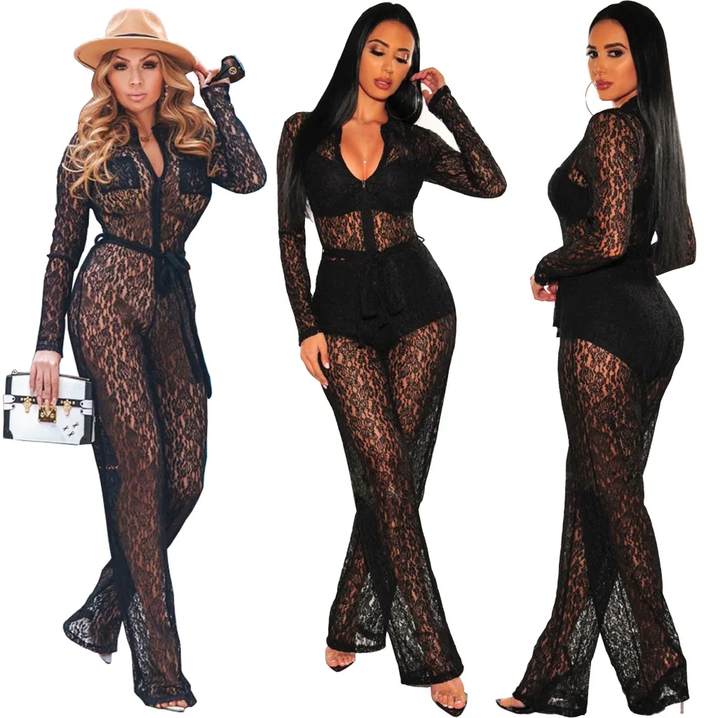 

Night Club One Piece Jumpsuit With Pocket Up Zipper See Through Luxury Black Lace Sexy Bodycon Jumpsuits Women Bodysuits, Solid