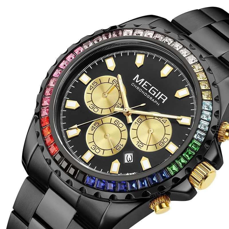 MEGIR 2227 Watch for Men Fashion New Mens Diamond Rainbow Case Multifunctional Quartz Watches Waterproof Luminous Calendar Reloj