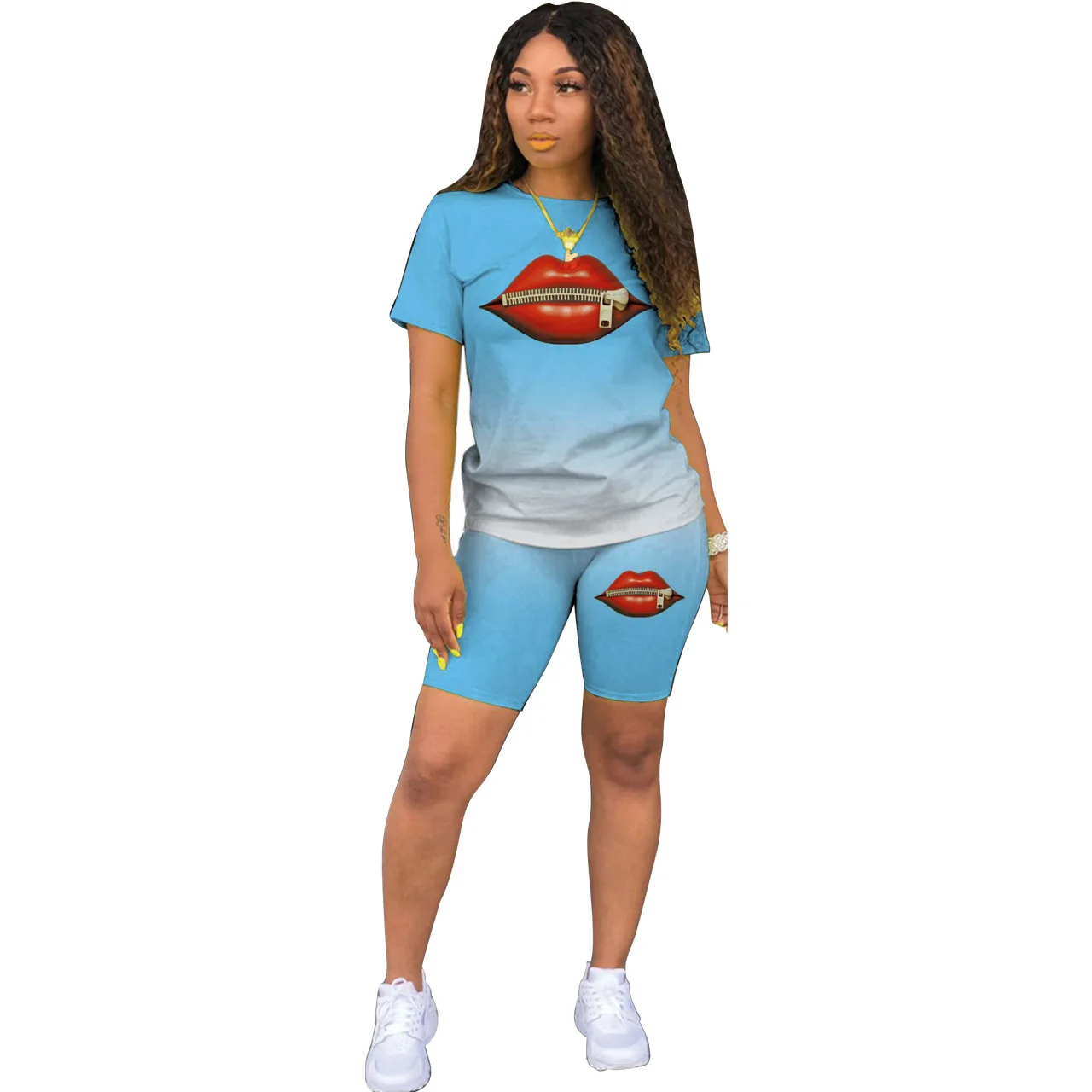 

Classic fashion casual gradient lips two-piece blouse and shorts for women high-end women's clothing, Customized color