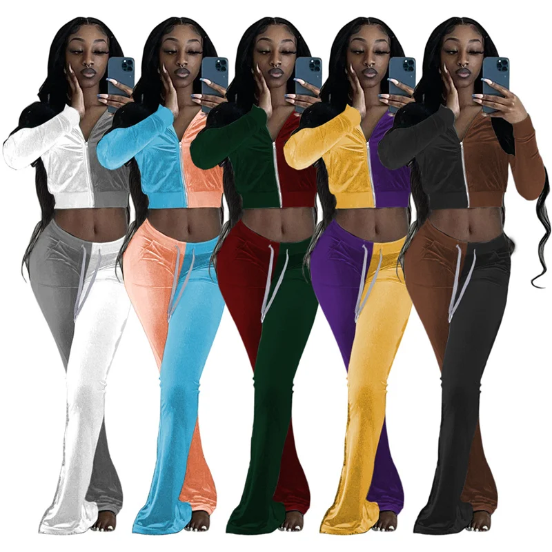 

Clash Color Long Sleeve Jacket Slim Flared Pants Suit Women Sportswear Ladies 2 Piece Set Women Velvet Sweatsuit Women, As picture