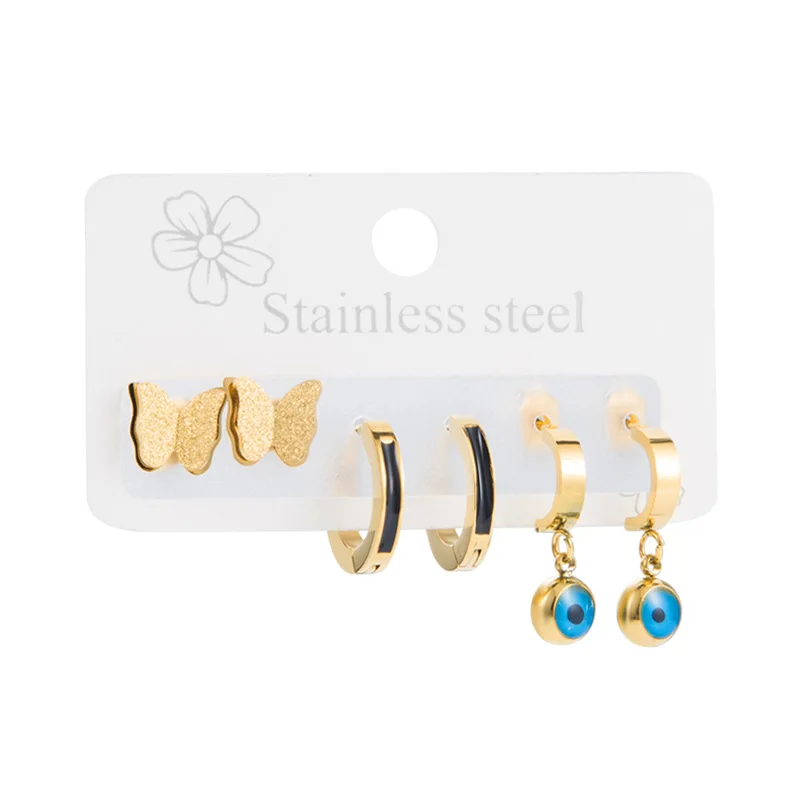 

3 pairs set 18K Gold Plated Titanium Steel Butterfly Stud Earrings 316L Stainless Steel Blue Evil Eyes Hoop Earrings