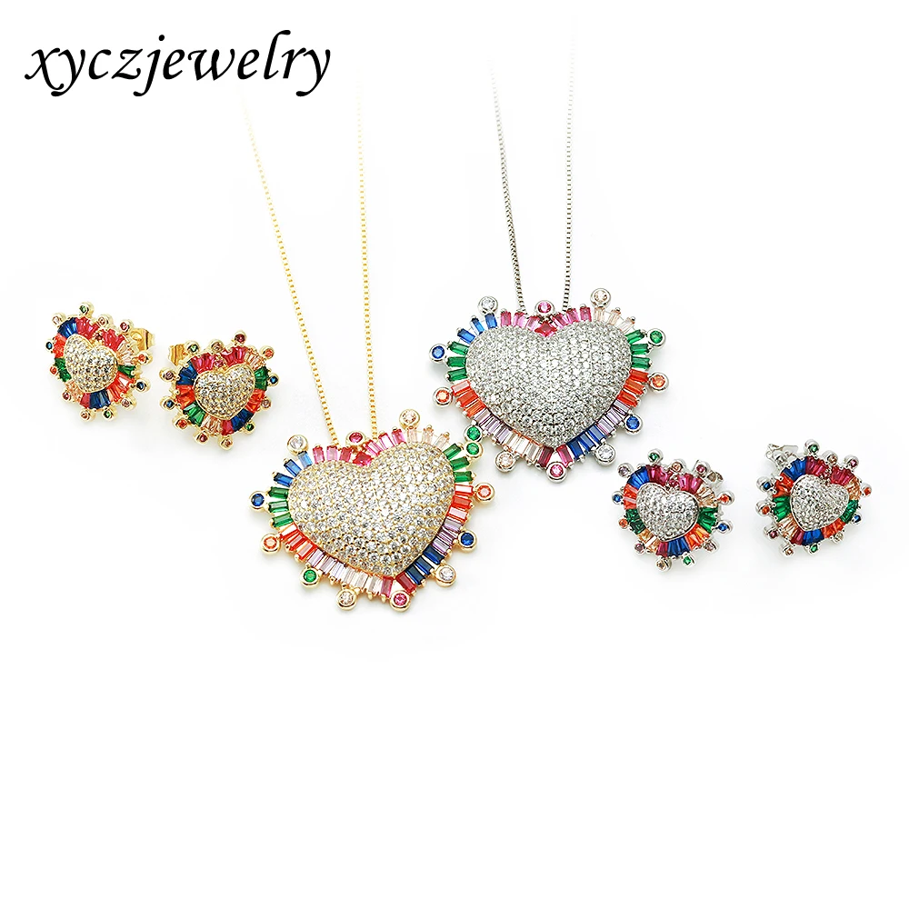 

xingyu jewelry romantic cute heart-shaped mixed color earrings necklace gold-plated rainbow zircon jewelry set, White