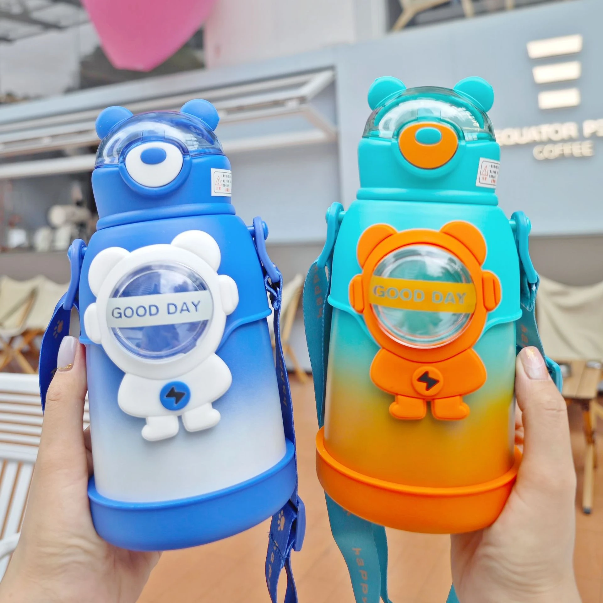 

Cute bear children Kawaii 500ml students stainless steel insulated kids thermal bpa free water bottle with straw strap