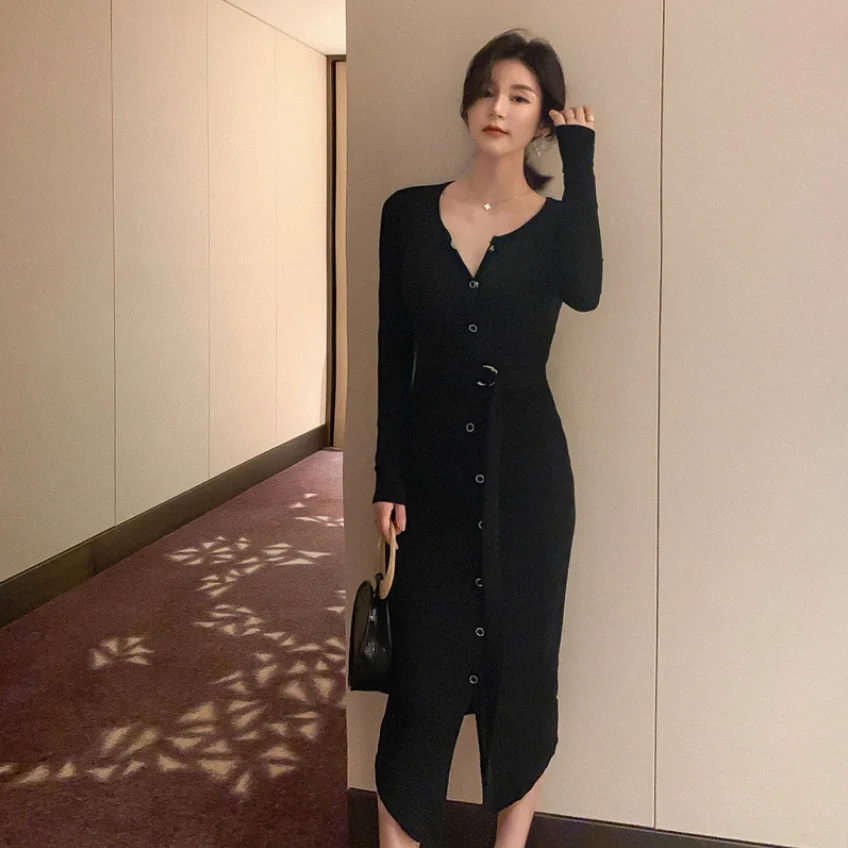 

Fashion Women's Black Long Sleeve Bodycon Dress Party Sexy V-Neck Button Front Slit Dress