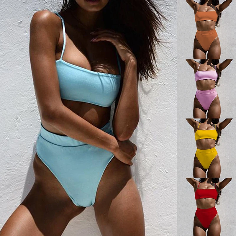 

Custom Wholesale Sexy Womens High Waist 2 Piece Set Woman Bikini Split Strap Swimsuit 2021, As picture