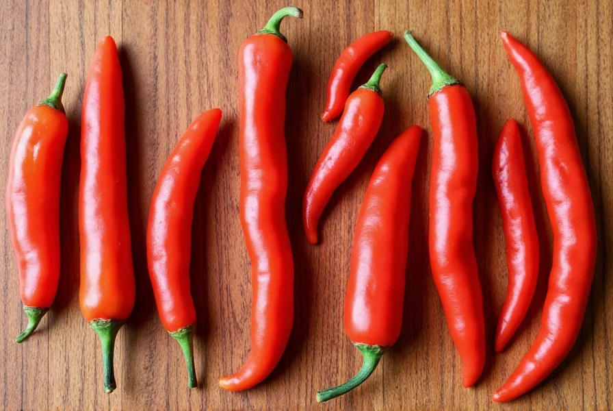 Comparison of various superhot chili peppers including Pepper X, Carolina Reaper, and Trinidad Scorpion varieties on wooden table